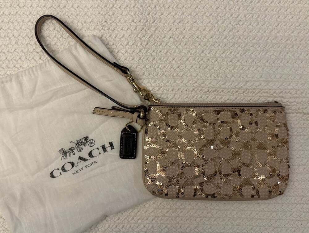 Coach Sequin Signature Zip Wristlet Light Khaki